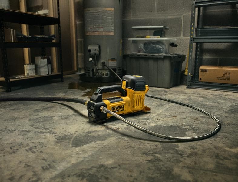 A DEWALT portable cordless water pump sits on the floor in a workshop or utility room, with hoses attached, surrounded by