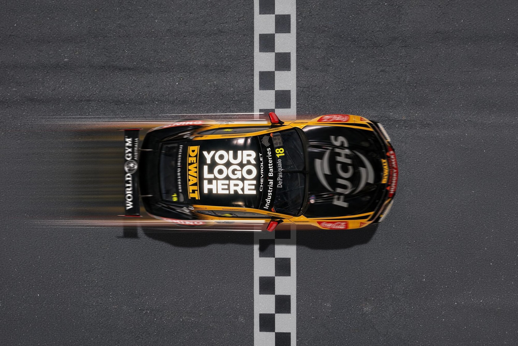 Top view of a race car crossing the finish line, featuring DEWALT branding and a placeholder for custom logos.